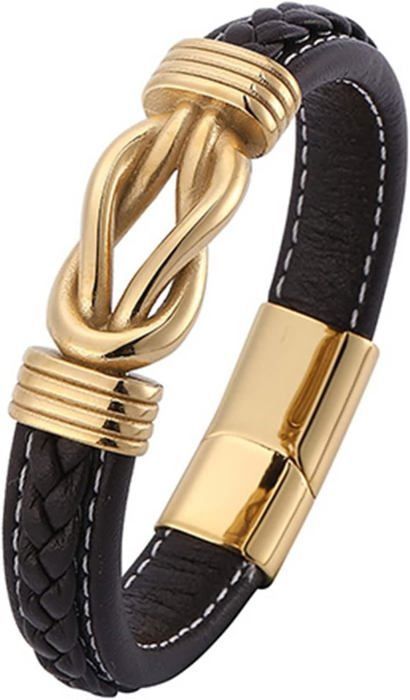 BRACELET HOMME EN CUIR CAMEL AVEC FERMOIR MANILLE DORÉ main image 1