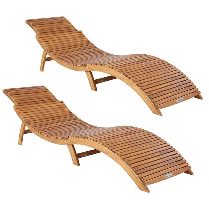 lot de 2 chaise longue bois acacia - chaise pliable - transat - poignée de transport - modèle ergonomique
