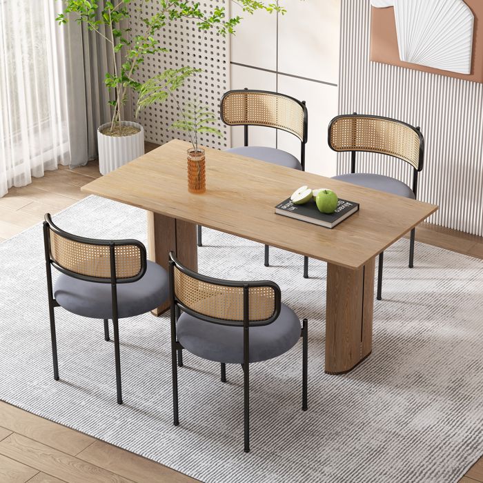 Lot De 2 Chaises Salle à Manger En Bois Et Fausse Fourrure – Style Rétro, Dossier Rotin, Siège Doux (beige)