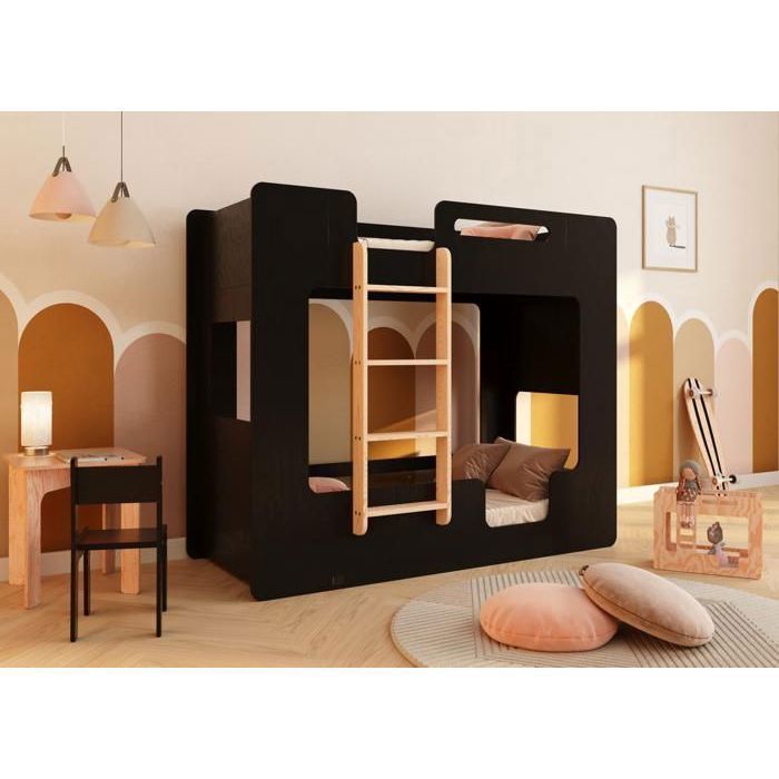smartwood Lit Superposé Enfant 100x200 - Échelle Gauche - Couleur Noir - Lit Double MIMI BL - Sommier & Barrière de sécurité