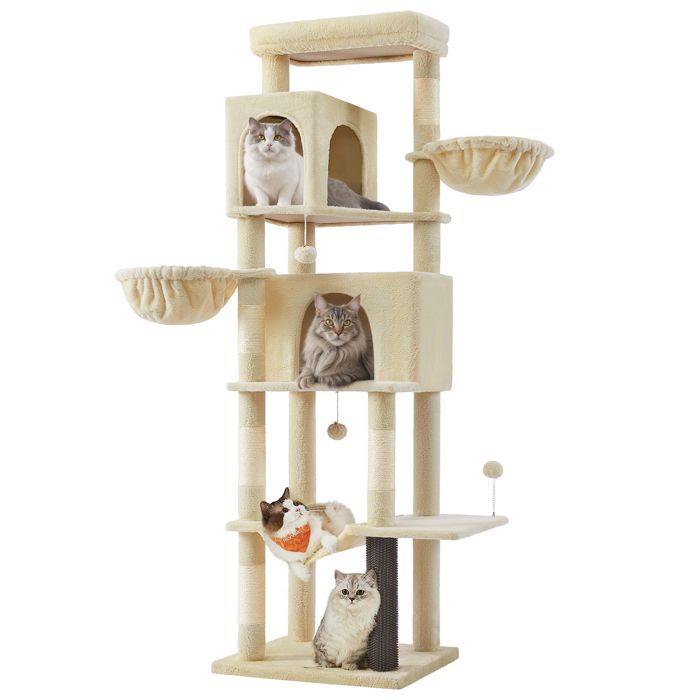 Grand Arbre à Chat Tour à Chat de 190 cm de Haut avec 2 Niches 2 Paniers 5 Griffoirs Perchoir Hamac Beige Sable