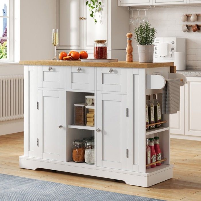 Ilot Central 132cm Style Rustique Plaque Travail Pliable Armoire Multifonction Tiroir Rack Épiceries Prise Intégrée Cuisine