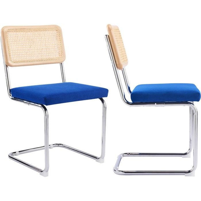 Lot de 2 chaises en cannage velours côtelé bleu électrique et métal chromé - Muse Lot de 2 chaises en cannage velours côtelé bleu électrique et métal chromé - Muse