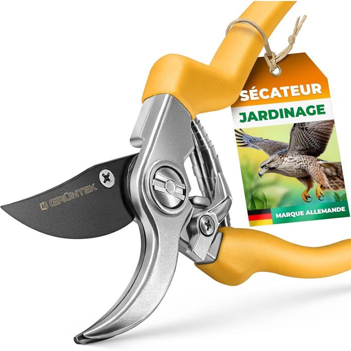 GRÜNTEK Sécateur De Jardin IBIS 185mm - Lame Franche 45mm Ultra Affûtée Pour Fleurs, Vigne, Bonsaï Et Plantes Délicates, Ultra Léger 90g