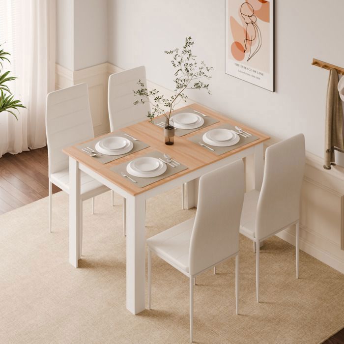 Table à Manger 111cm Avec 4 Chaises - Prise AC & USB, Plateau Chêne, Étagères, Pour Cuisine/Bar