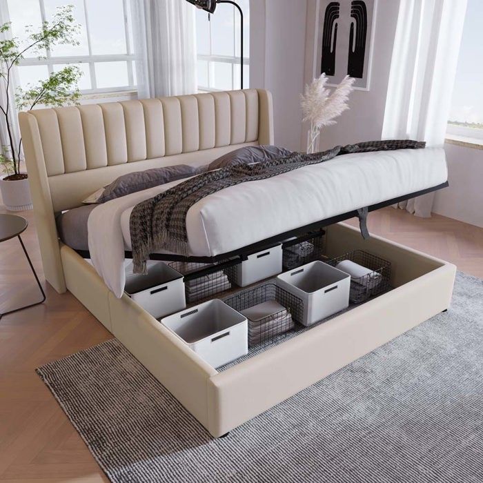 Lit coffre - Lit coffre adulte 180x200 cm - Tête de lit à ailes - Tissu lin beige - Sommier à lattes avec coffre hydraulique