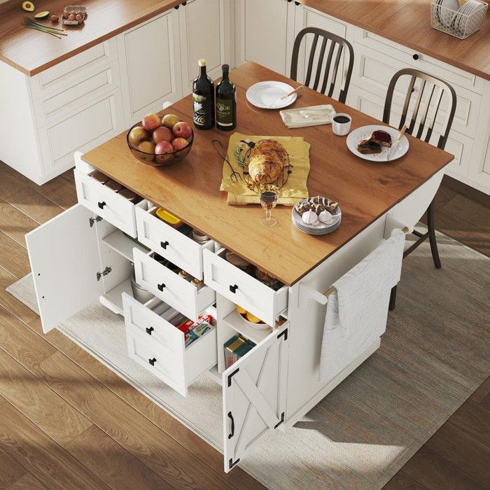 Îlot de cuisine avec grain de bois et espace de rangement Ilot central cuisine meuble buffet mobile blanc