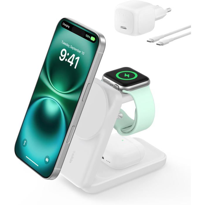 Belkin UltraCharge Chargeur Induction 3 en 1 Qi2 Station de Charge Magnétique Chargeur sans Fil avec MagSafe pour iPhone 17 iPhone Air Apple Watch AirPods Pixelsnap avec Chargeur
