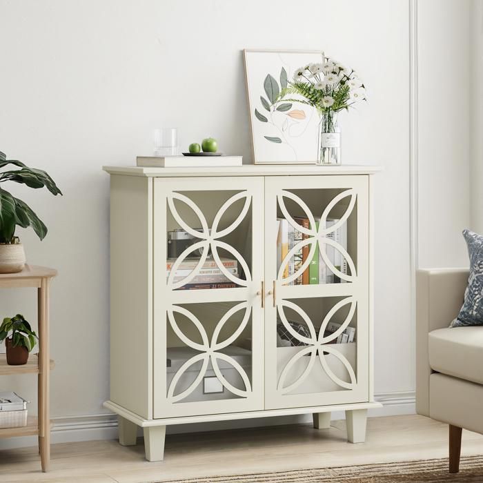 Buffet bas - Buffet moderne avec étagères réglables - 2 portes en verre - Rangement spacieux - Style scandinave
