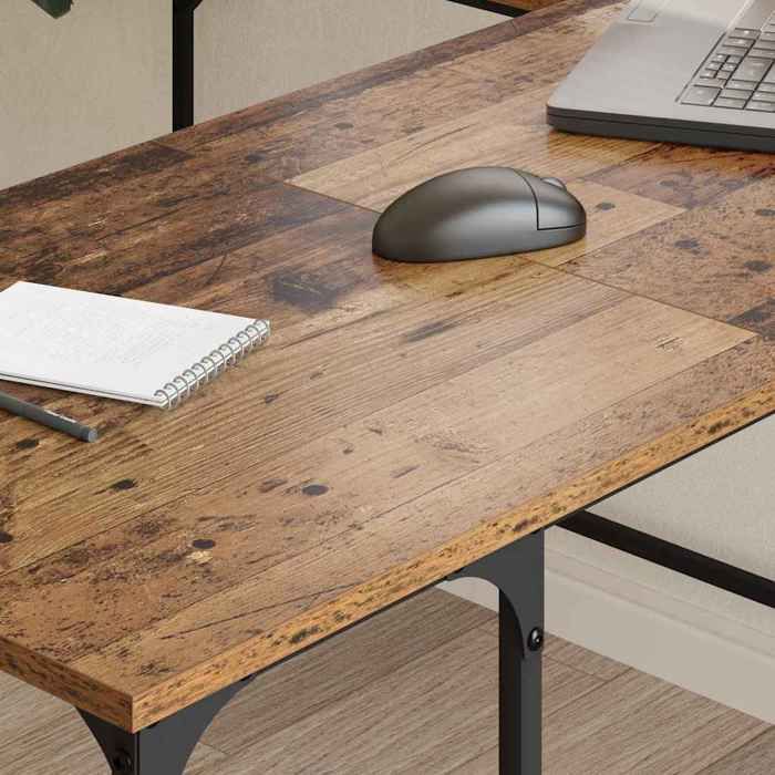 Bureau en bois dingénierie - vidaXL - 139x139x75 cm - Bois ancien - Industriel - Pieds en acier - Étagères ajustables