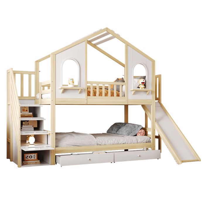 Lit superposé - PANTAURAS - Cabane - 90x200 cm - Toboggan - 6 rangements et tiroirs