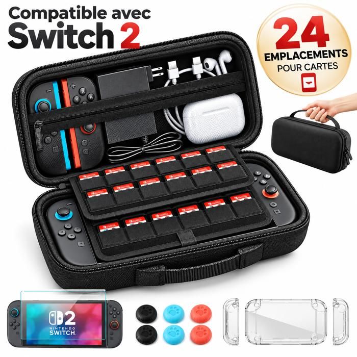 Pochette Nintendo Switch 2 Kit Complet avec Étui Rigide EVA 24 Cartes Coque Verre Trempé 9H 6 Capuchons Joystick-Grande Capacité
