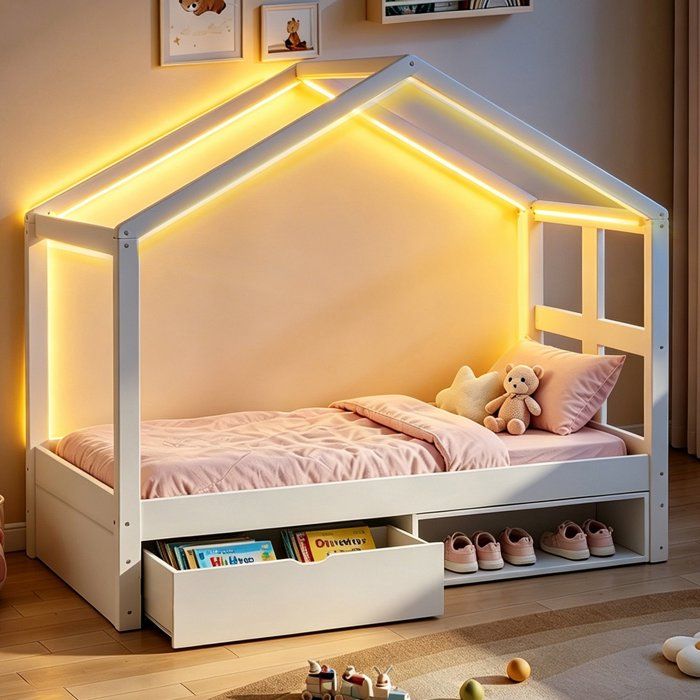 Lit cabane enfant 90x190 cm en bois blanc avec rangement - Tiroirs et meuble à chaussures - LED multicolore - sommier à lattes