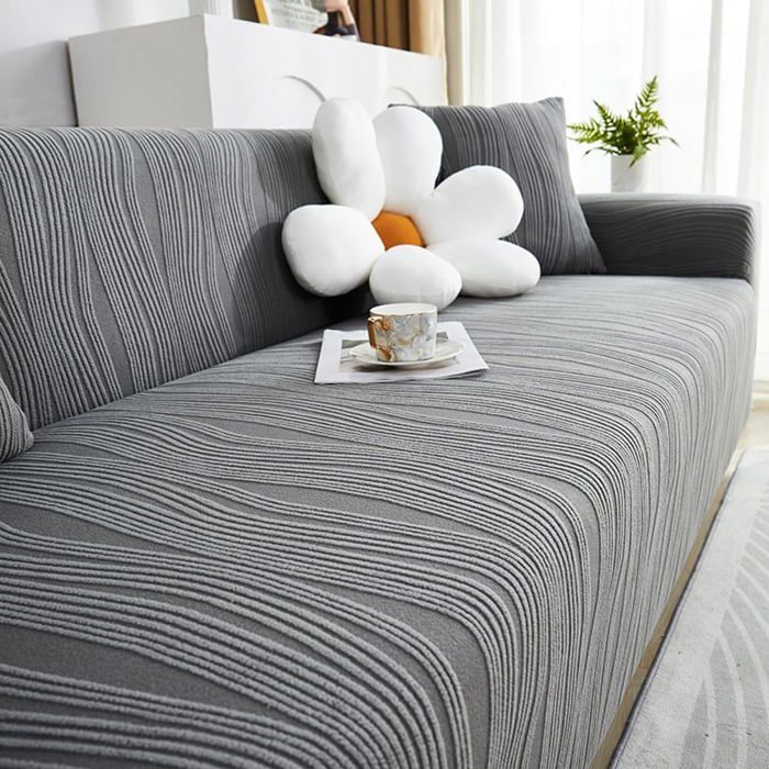 Housse Canapé 4 Places Velours Jacquard Élastique Épaisse Élégante Anti-Dérapante (Gris Foncé) Label