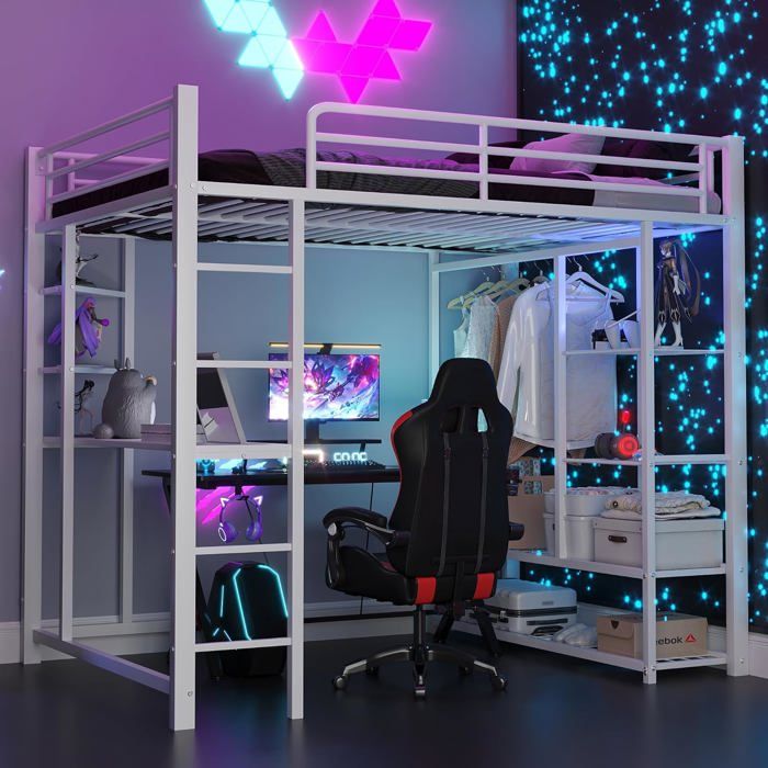 Lit mezzanine 140x200cm lit double avec table lit en métal avec compartiments de rangement pour enfants et adolescents