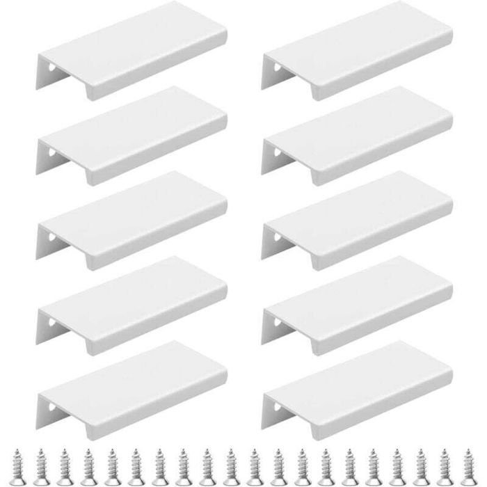 Poignées de placard invisibles - Virex® - Lot de 10 - Aluminium brossé - Argenté - Entraxe 96 mm - 120x32x18 mm - Blanc