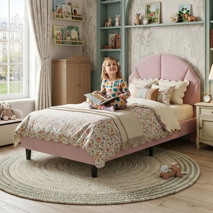 Lit Enfant 90x190cm Rose en Velours - Lit Simple Capitonné avec Tête de Lit Réglable en Hauteur pour Chambre de Fille Moderne