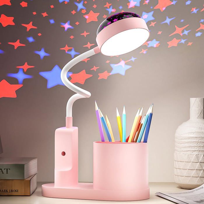 1 Lampe de Bureau Enfant Projecteur Étoiles LED Dimmable Rotation 360° Rechargeable USB Porte-stylo Chambre