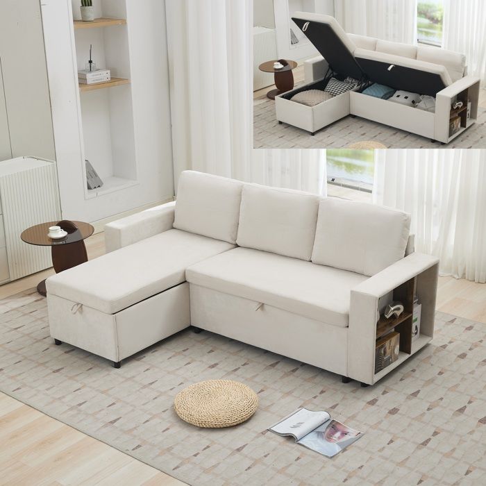 Canapé dangle réversible en L Canapé fixe 3 places en chenille avec rangement latéral et coffre de rangement - beige