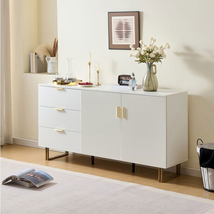 DESVIAE Buffet bas 160 cm blanc en MDF 2 portes et 3 tiroirs poignées dorées