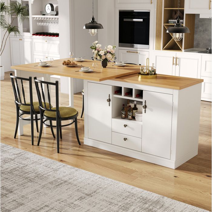 VUENOR Table de bar extensible rotative 120-180 cm blanc et naturel avec rangements