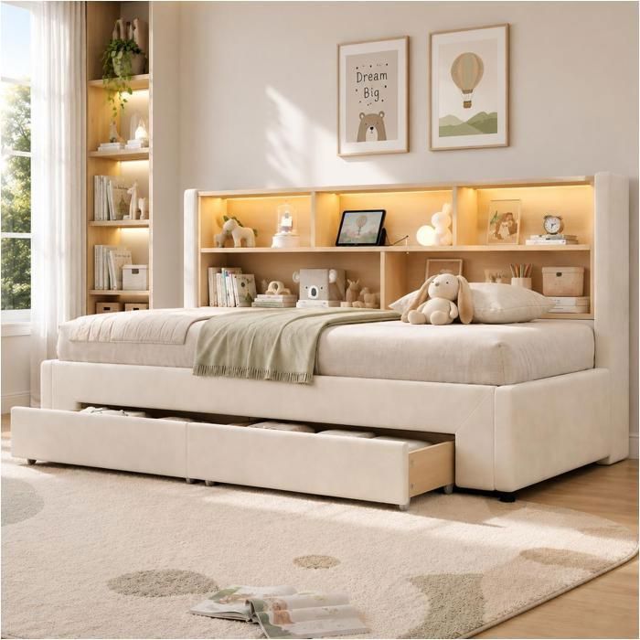 Canapé lit 90x200cm(extensible à 180 cm) avec Sommier et 2 tiroirs Lit gigogne avec USB et LED Velours Beige(Matelas non inclus)