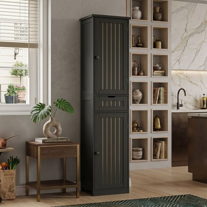 Meuble de Cuisine - 170x40x30cm - 2 Portes avec Motif Strié Rétro & 1 Tiroir - Étagères Réglables - Colonne de Rangement MDF