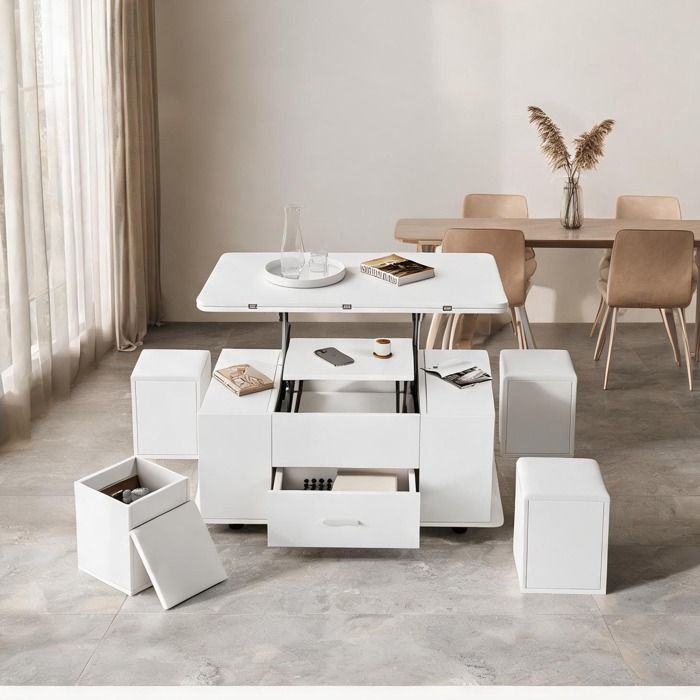 Table basse extensible en panneau de particules clean white avec tiroir 4 tabourets intégrés et double plateau relevable
