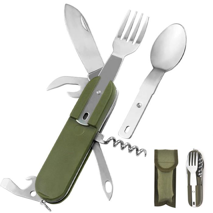 Ensemble de vaisselle de camping - GRANDSALEY - 7 en 1 pliable - inox - démontable - pochette nylon ceinture (vert)
