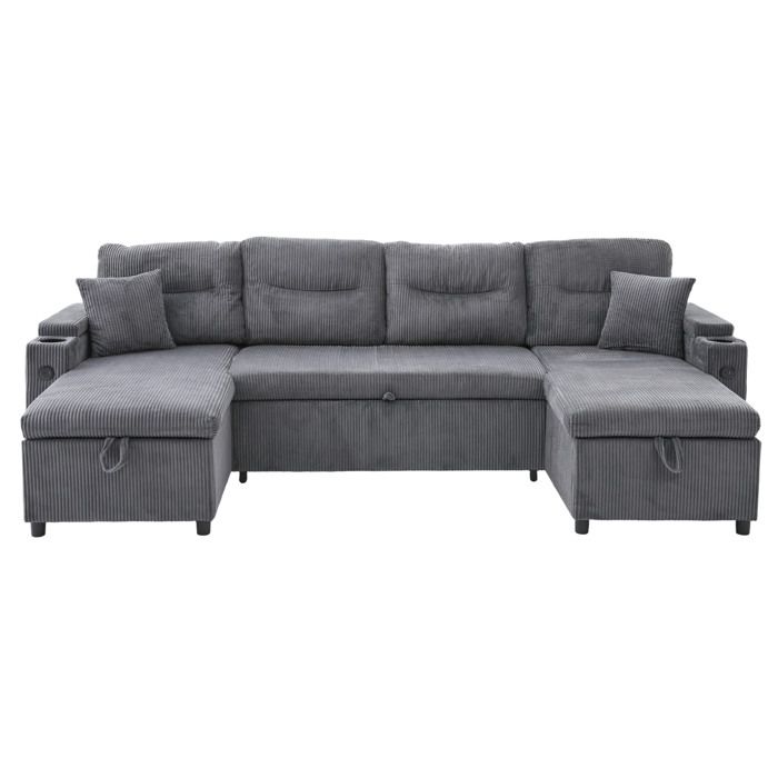 Canapé convertible d’angle 4 places avec chaiselongues coffre de rangement porte-gobelet USB Type-C corduroy gris FOLYNA