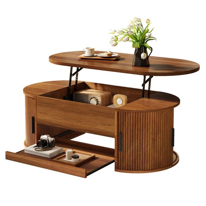 Table basse relevable 110 x 55 x 55 cm en MDF rangement caché portes coulissantes plateau extensible design à rainures noyer