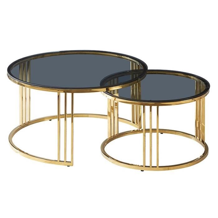 tables basses - set de 2 tables gigognes en verre - noir et doré - pieds circulaires en métal - h 45 cm x d 80 cm