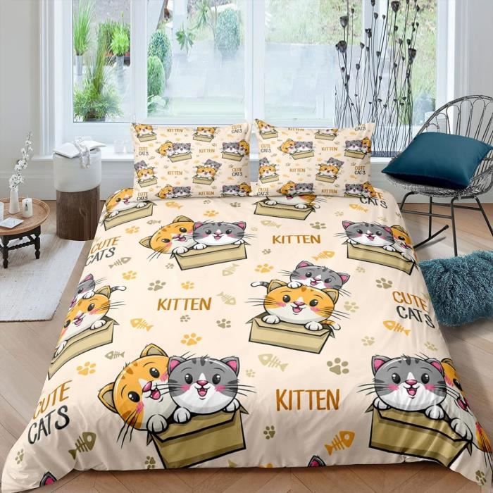 Parure De Lit 3D 1 Personne 90x200cm - Housse De Couette + 2 Taies - Motif Chat - Microfibre Douce - 6
