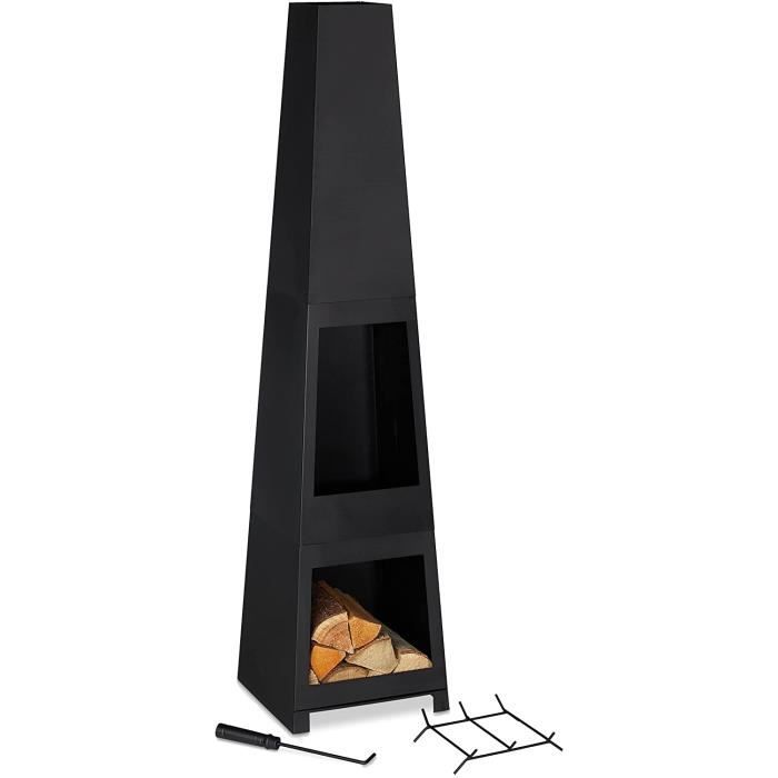 Chauffage De Terrasse Cheminée CHARLES BENTLEY - 129 Cm Noir, Brûle Bois/charbon - Design Moderne Avec Rangement Bûches - 9
