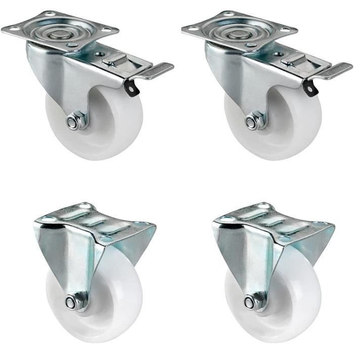 Lot De 4 Roulettes Pivotantes 2" Avec Frein Et Plaque De Fixation - Gris, Charge 400 Lbs - Neuf