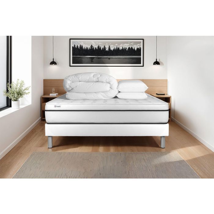 Pack lit complet 180x200 cm - Matelas + Sommier Blanc (en kit) + 2 oreillers + Couette - Vital Spa Blanc