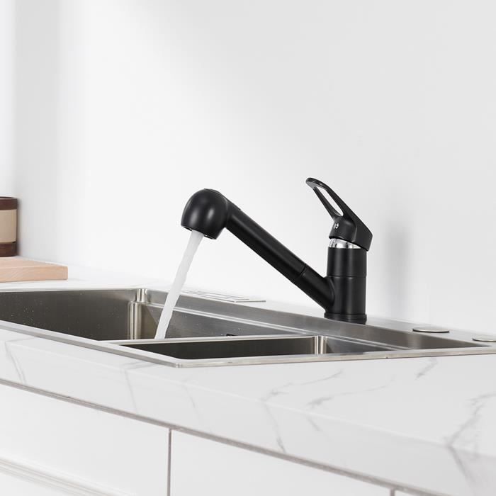 Robinet de Cuisine Rotatif 360° Mitigeur Cuisine Noir avec Douchette extractible 2 Modes Jet et Aérateur démontable