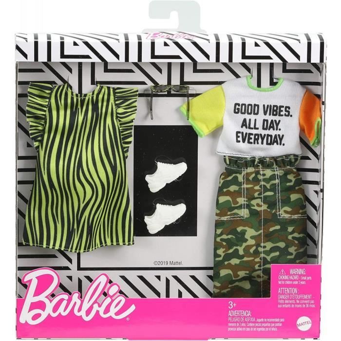 Coffret 2 Habits Barbie : Jupe Militaire + T-shirt - Robe Jaune Et Noire +  Chaussures + Lunettes - Tenue De Ville - Vetement Poupee - Cdiscount Jeux -  Jouets