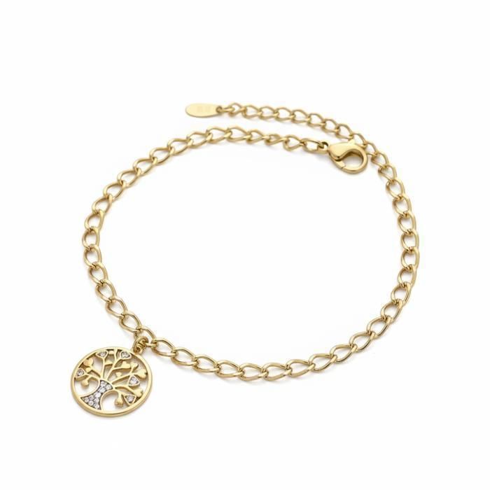 Bracelet - Maille Ovale - Arbre de Vie - Plaqué Or Jaune 750/1000 - 18 cm - Ajustable - Femme Bracelet - Maille Ovale - Arbre de Vie - Plaqué Or Jaune 750/1000 - 18 cm - Ajustable - Femme