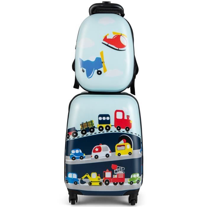 costway valise enfant à roulettes 16’’ + sac à dos 12’’, ensemble de bagage enfants, motif voiture d'avion, voyages en avion, bleu