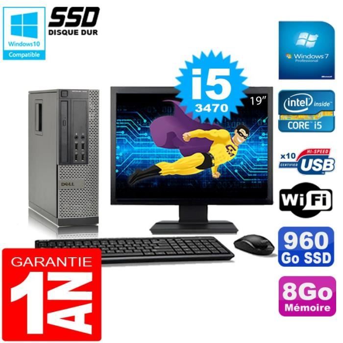 PC DELL 7010 SFF Core I5-3470 Ram 8Go Disque 960Go SSD Graveur Wifi W7 Ecran 19