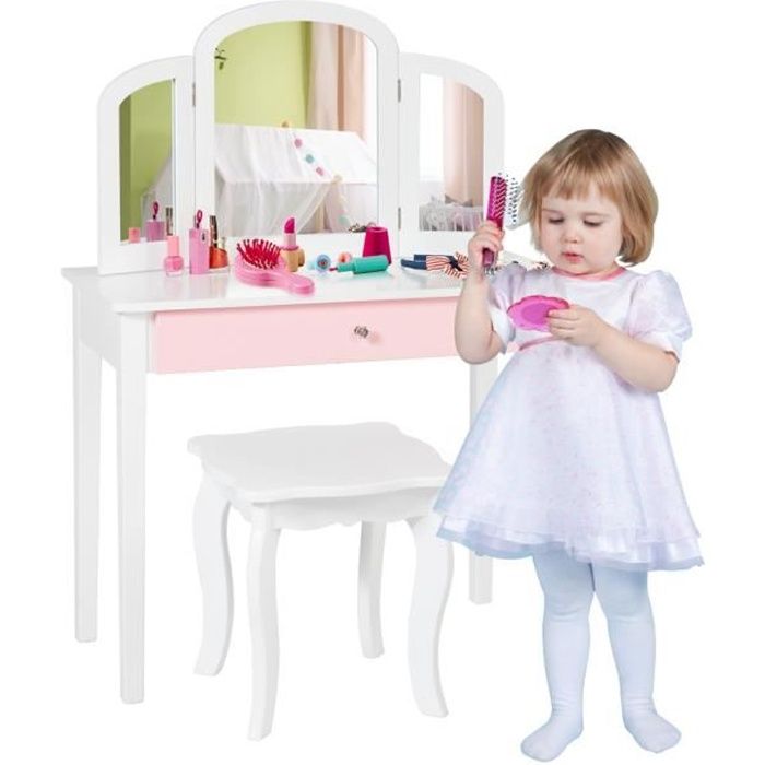 DREAMADE Ensemble Coiffeuse Enfant avec Tabouret et Miroir en Forme de la Couronne Table de Maquillage Style Princesse Blanc