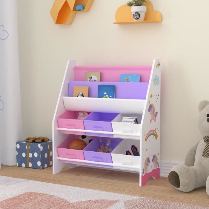 Étagère de rangement Ponteceso pour enfant avec 6 bacs ouverts blanc violet rose