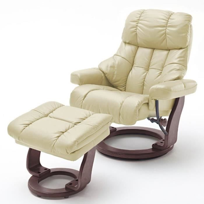 fauteuil relax clairac xl assise en cuir crème pied en bois couleur noyer avec repose pied blanc cuir inside75