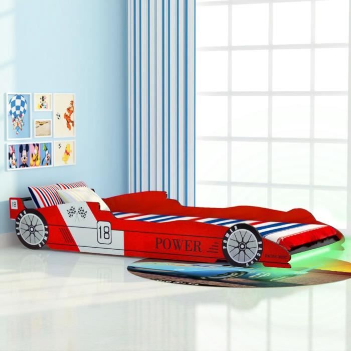 lexlife lit enfant en bois avec led - 90 x 200 cm - cadre de lit voiture pour enfants - rouge