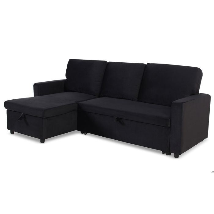 MENZZO Canapé convertible avec angle réversible Baleares Velours Noir -L215 x P129 x H86 cmSurface de couchage : 99 x 186 cm