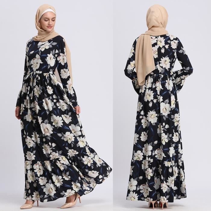 Femmes Musulmanes Robe Longue Maxi Robe Abaya Islamique Fleur Dubai Cardigan Ramadan Noir