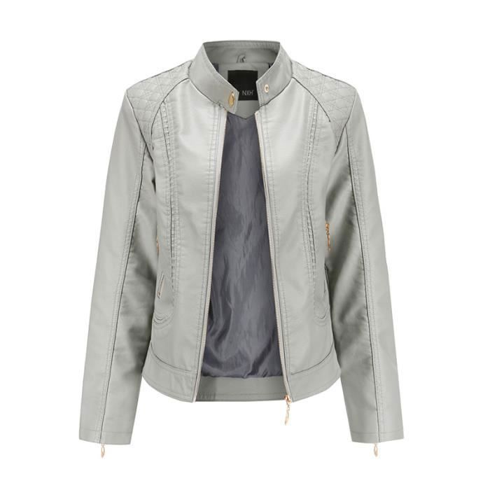 Veste de Blazer Outdoor Printemps Automne Femme de Marque Veste en cuir Femme Blouson standup Femme Gris