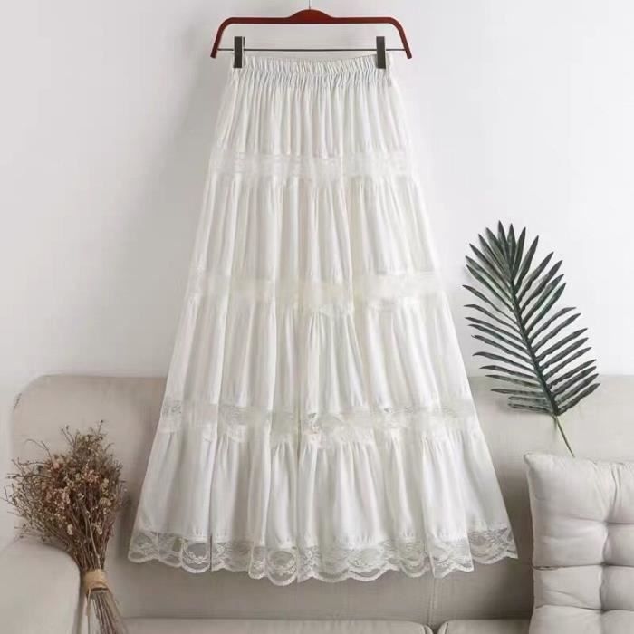 Jupe trap?�ze pliss?�e en mousseline de soie et dentelle pour femme - WHITE - Type WHITE Blanc 