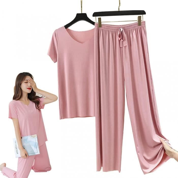 Pyjama d ete en coton et soie glacee pour femme t shirt a manches courtes et soie glacee pantalon ample a jambe large Rose Cdiscount Pret a Porter